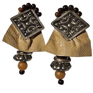 Vintage Handmade Faux Snakeskin Clip on Earrings Bead Accents Fashion Jewelry